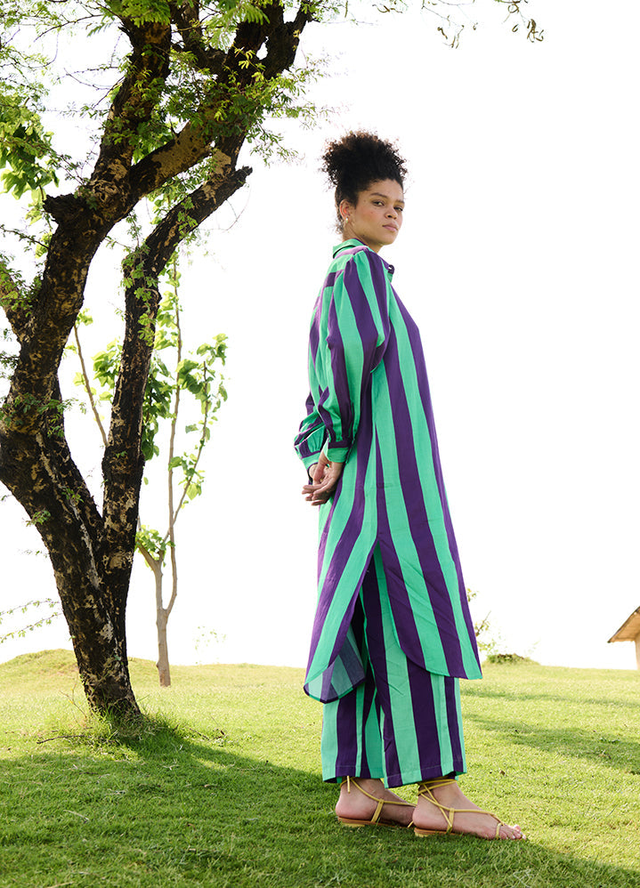 A Model Wearing Multicolor Linen Cotton Purple & Green Stripesiris Coord Set, curated by Only Ethikal