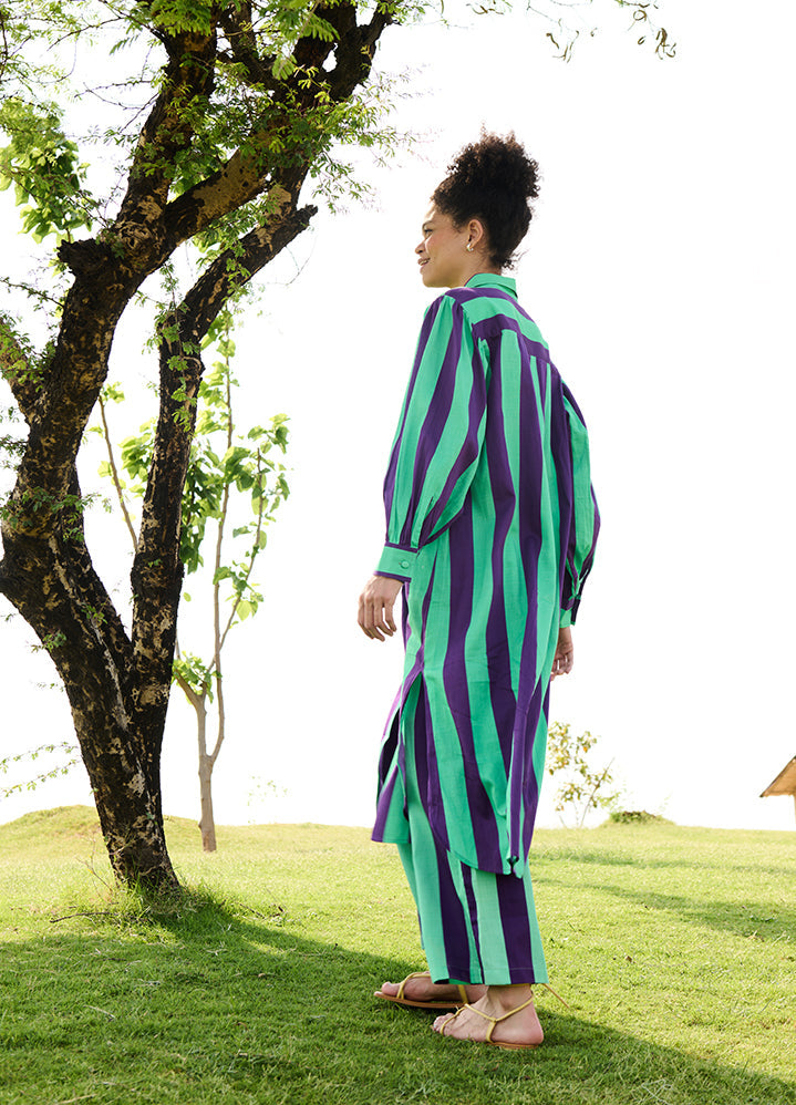 A Model Wearing Multicolor Linen Cotton Purple & Green Stripesiris Coord Set, curated by Only Ethikal