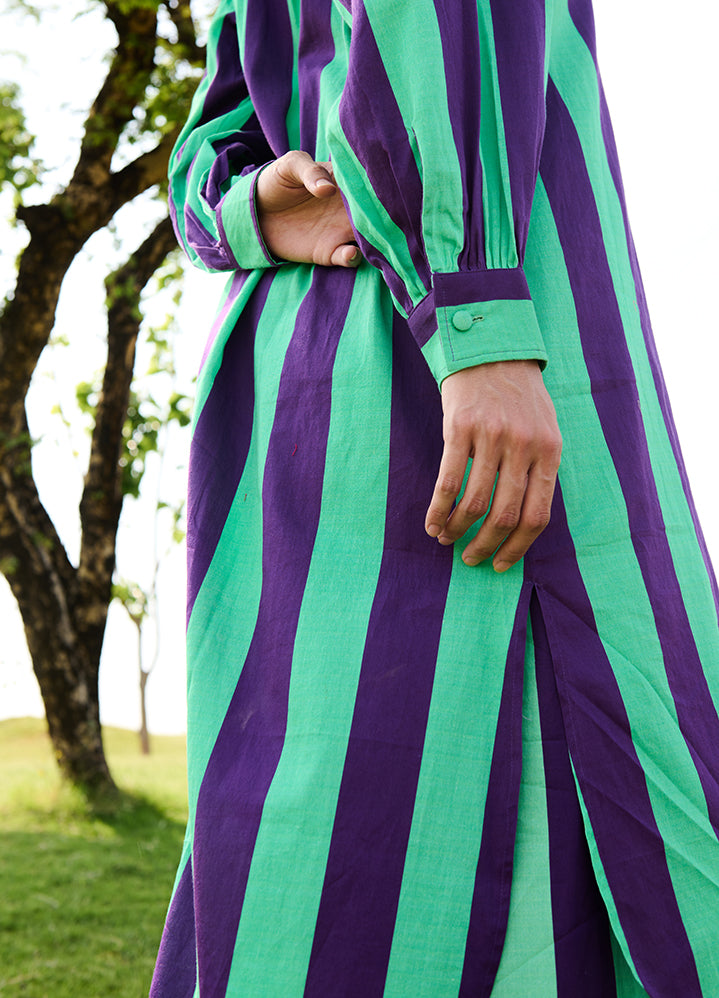 A Model Wearing Multicolor Linen Cotton Purple & Green Stripesiris Coord Set, curated by Only Ethikal