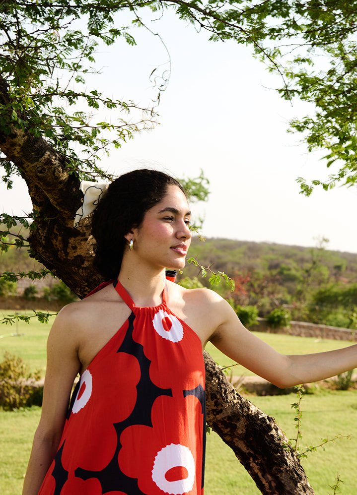 A Model Wearing Multicolor Linen Cotton Red And Black Mekkobirds Of Paradise, curated by Only Ethikal