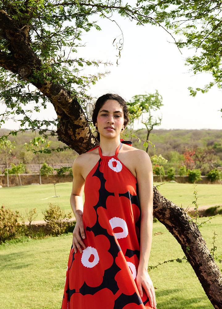 A Model Wearing Multicolor Linen Cotton Red And Black Mekkobirds Of Paradise, curated by Only Ethikal