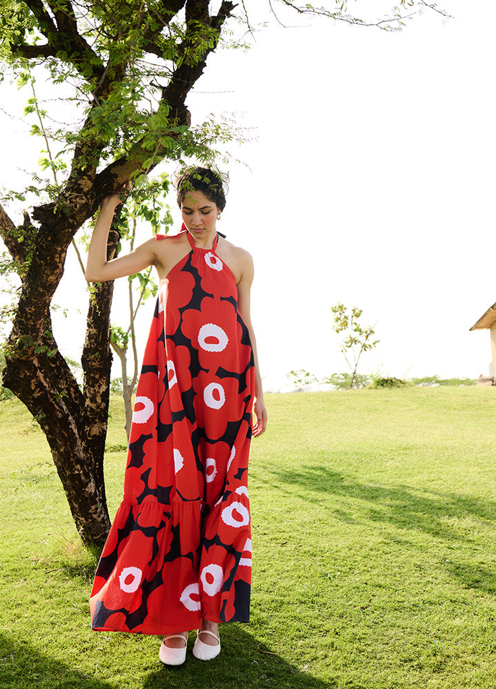 A Model Wearing Multicolor Linen Cotton Red And Black Mekkobirds Of Paradise, curated by Only Ethikal