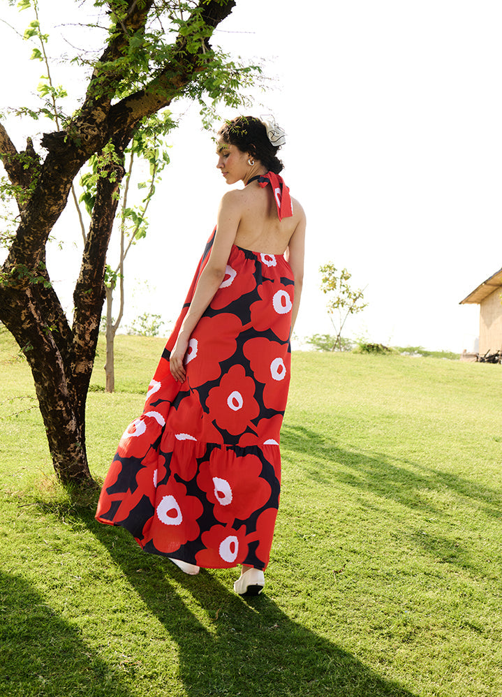 A Model Wearing Multicolor Linen Cotton Red And Black Mekkobirds Of Paradise, curated by Only Ethikal