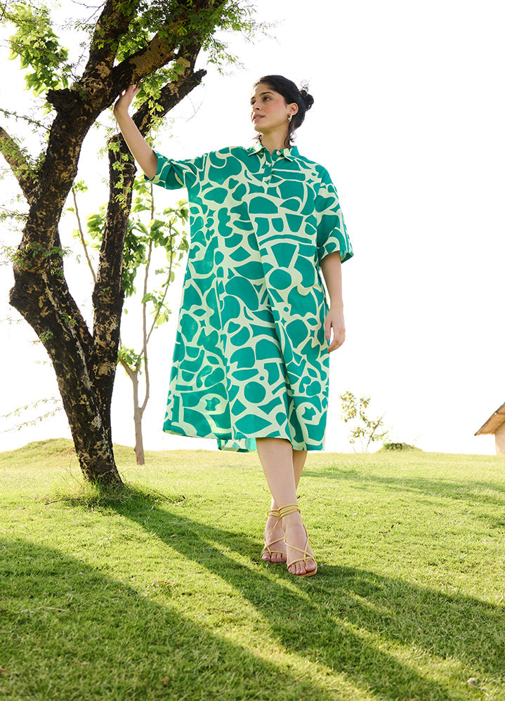 A Model Wearing Multicolor Linen Cotton Deconstructed Green Orangemadame Dress, curated by Only Ethikal