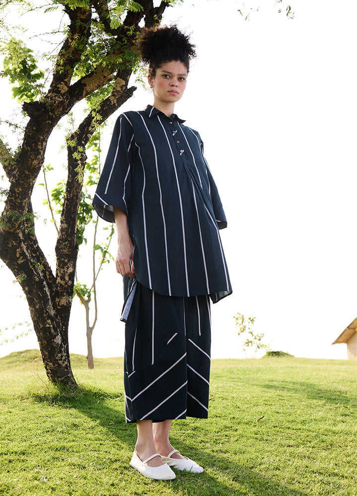 A Model Wearing Multicolor Linen Cotton Black & White Stripenargis Coord Set, curated by Only Ethikal