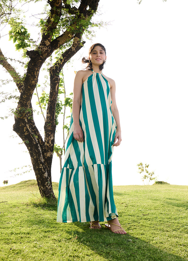 A Model Wearing Multicolor Linen Cotton Green Stripesbirds Of Paradise, curated by Only Ethikal