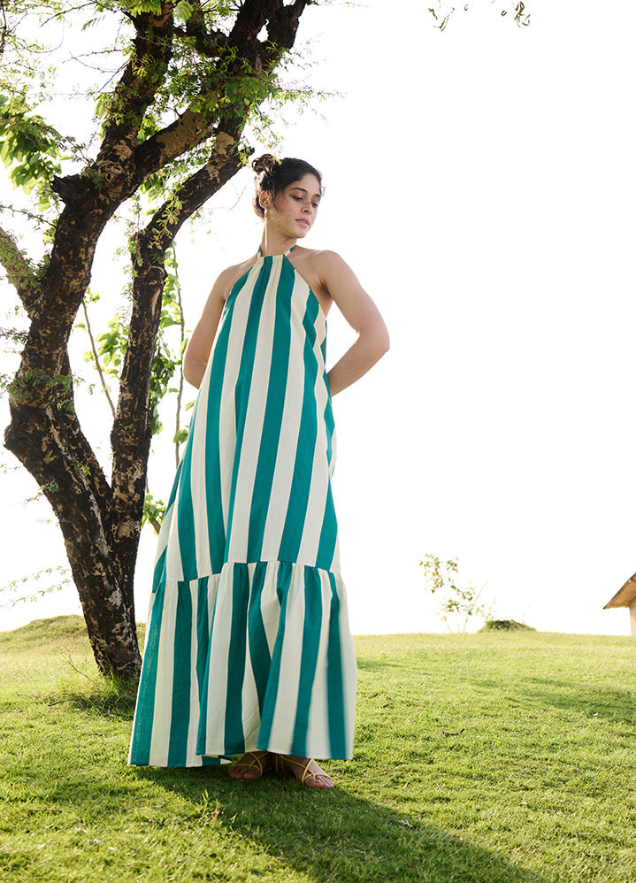 A Model Wearing Multicolor Linen Cotton Green Stripesbirds Of Paradise, curated by Only Ethikal