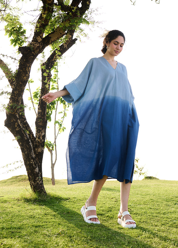 A Model Wearing Multicolor 100% Cotton Indigo Ombreangela Kaftan, curated by Only Ethikal