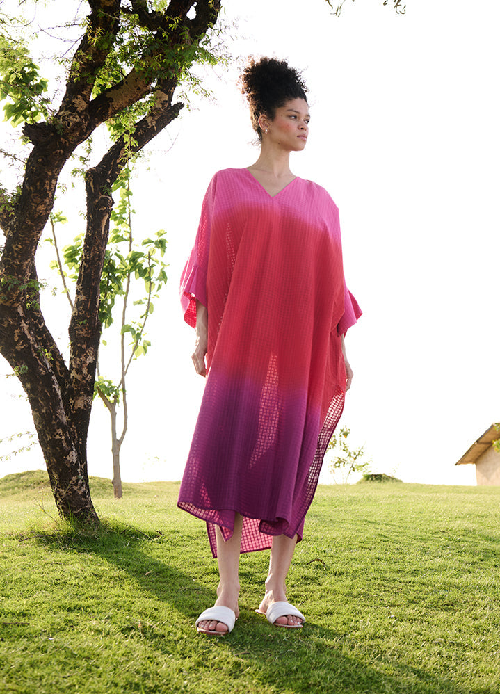 A Model Wearing Multicolor 100% Cotton Pink Red Purple Ombreangela Kaftan, curated by Only Ethikal