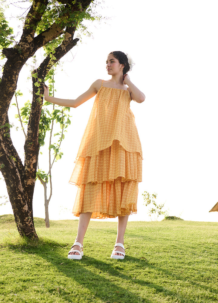 A Model Wearing Yellow Cotton Silk Yellow Block Printprincess Dress, curated by Only Ethikal