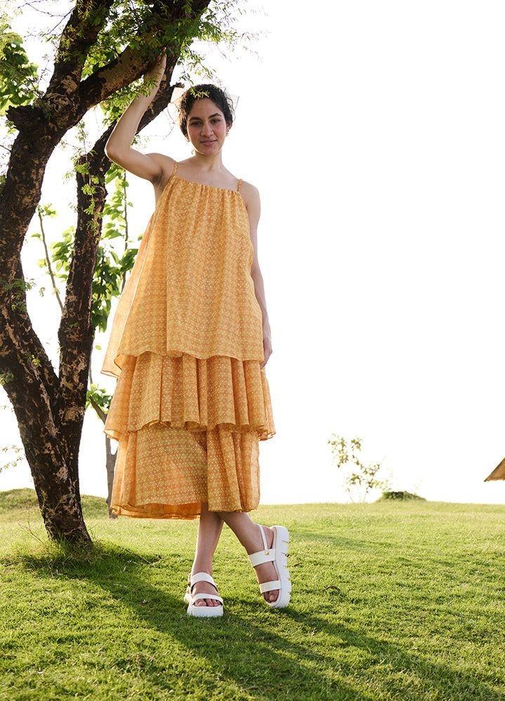 A Model Wearing Yellow Cotton Silk Yellow Block Printprincess Dress, curated by Only Ethikal