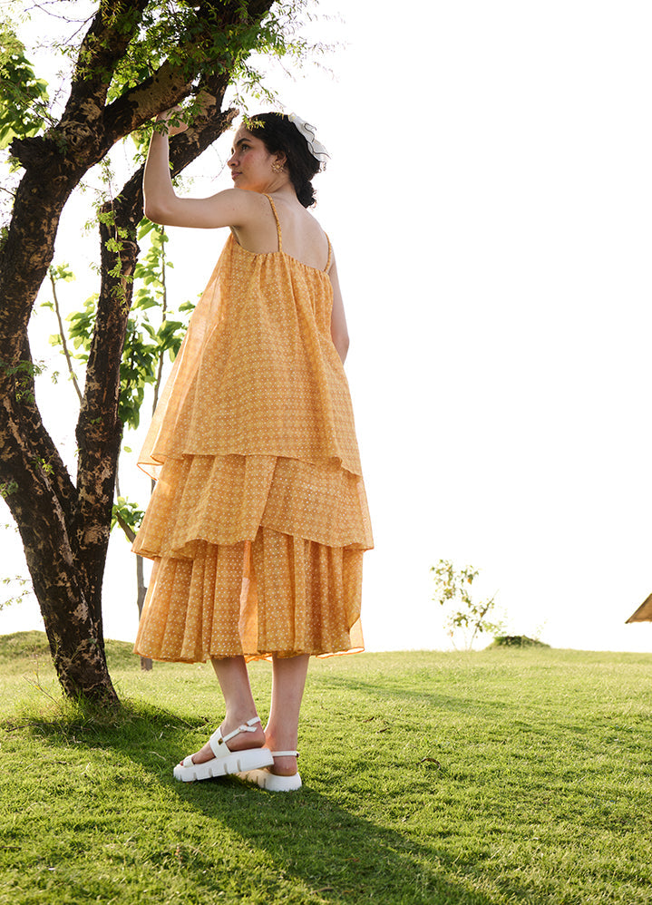 A Model Wearing Yellow Cotton Silk Yellow Block Printprincess Dress, curated by Only Ethikal