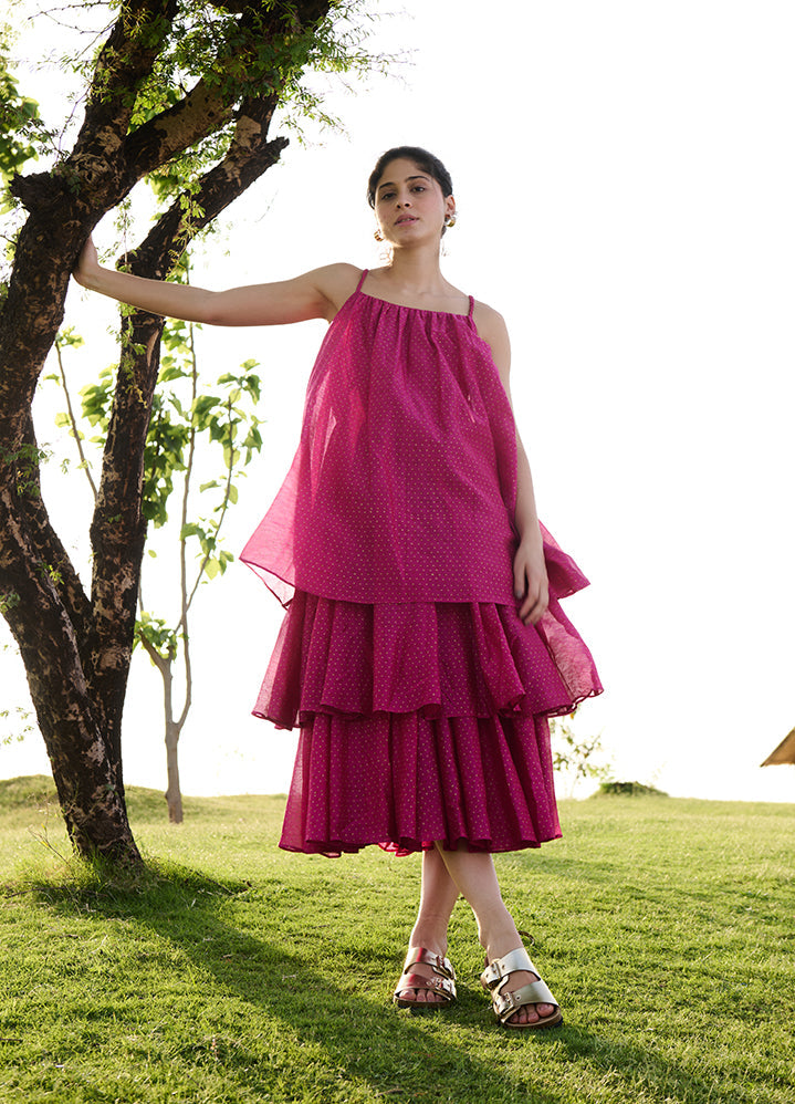 A Model Wearing Pink Cotton Silk Hot Pink Block Printprincess Dress, curated by Only Ethikal