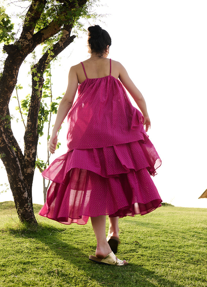 A Model Wearing Pink Cotton Silk Hot Pink Block Printprincess Dress, curated by Only Ethikal