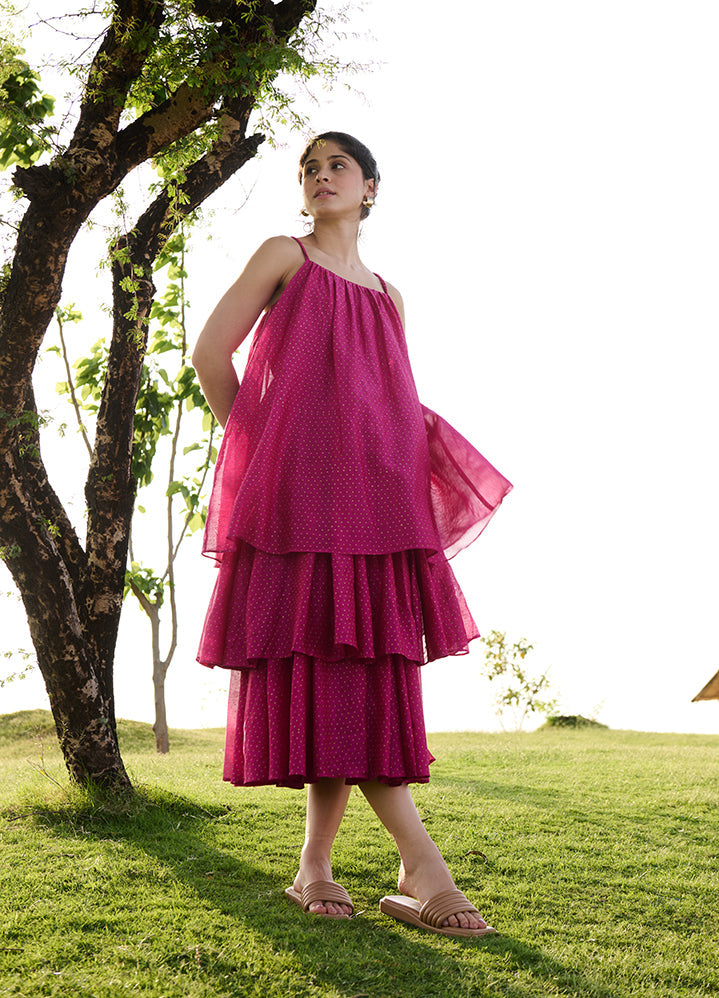 A Model Wearing Pink Cotton Silk Hot Pink Block Printprincess Dress, curated by Only Ethikal