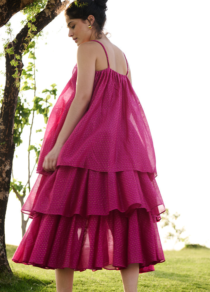 A Model Wearing Pink Cotton Silk Hot Pink Block Printprincess Dress, curated by Only Ethikal