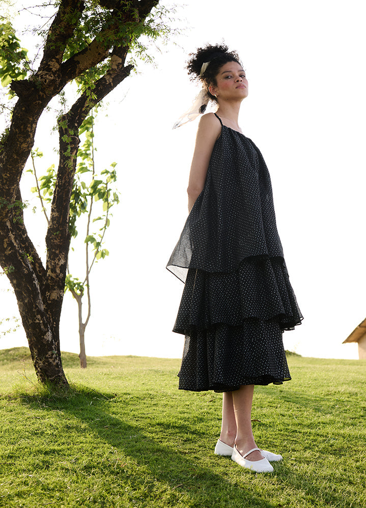 A Model Wearing Black Cotton Silk Black Block Printprincess Dress, curated by Only Ethikal