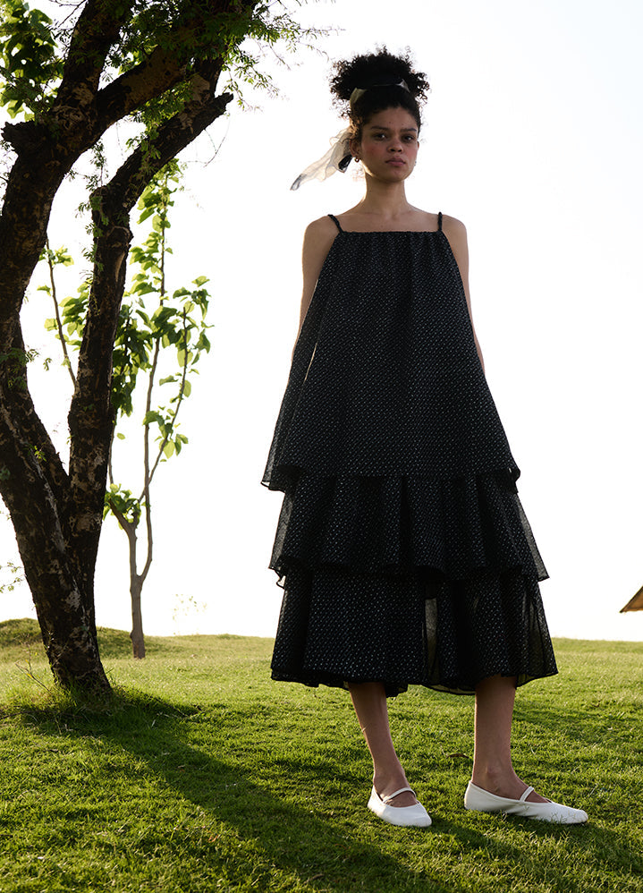 A Model Wearing Black Cotton Silk Black Block Printprincess Dress, curated by Only Ethikal