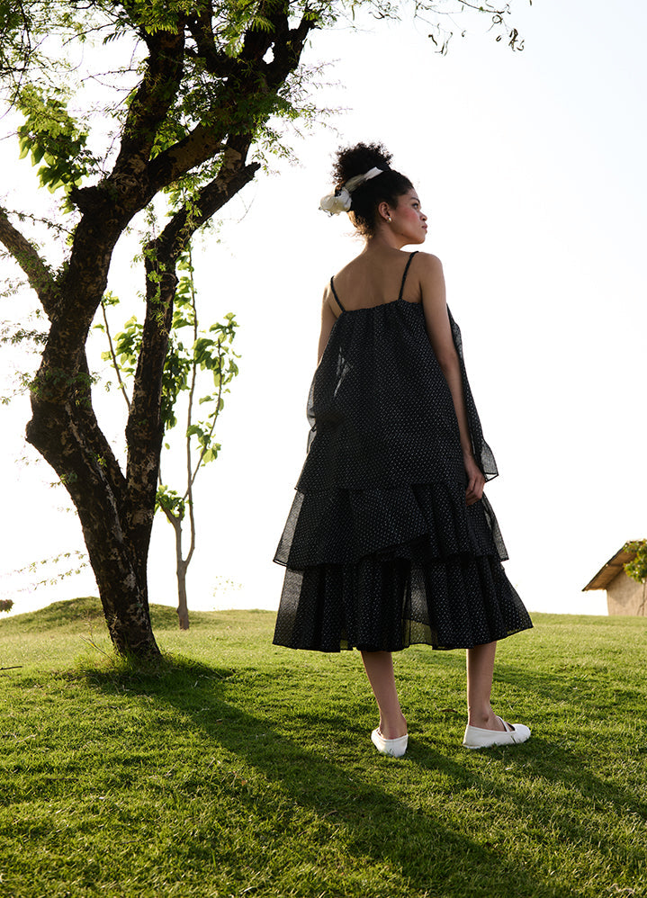 A Model Wearing Black Cotton Silk Black Block Printprincess Dress, curated by Only Ethikal