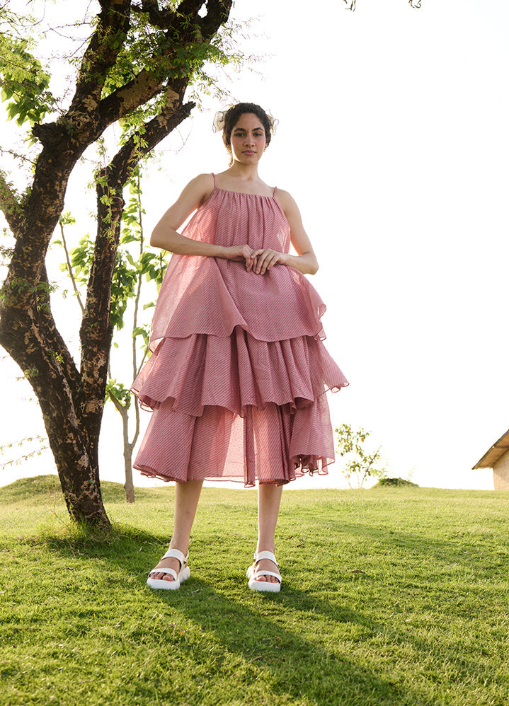 A Model Wearing Pink Cotton Silk Salmon Pink Block Printprincess Dress, curated by Only Ethikal