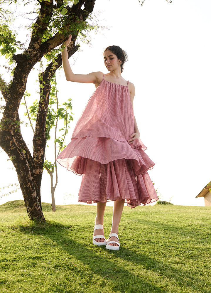 A Model Wearing Pink Cotton Silk Salmon Pink Block Printprincess Dress, curated by Only Ethikal