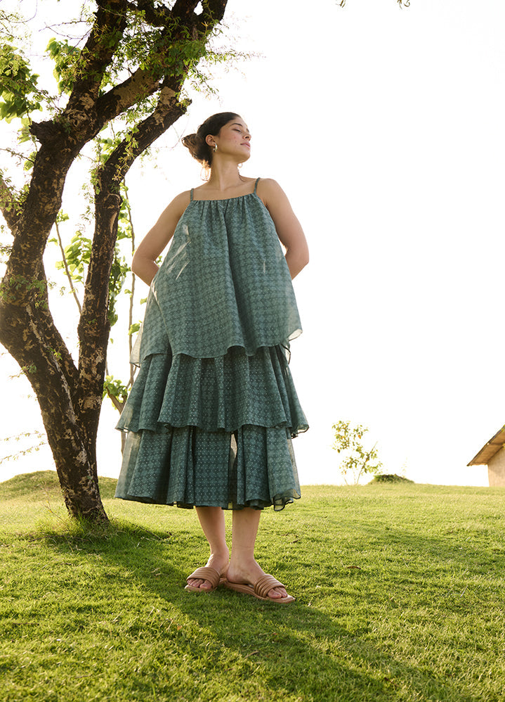 A Model Wearing Blue Cotton Silk Greenish Blue Block Printprincess Dress, curated by Only Ethikal