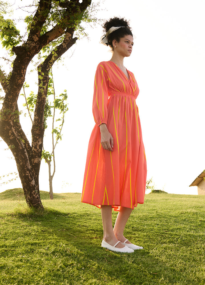 A Model Wearing Multicolor Linen Cotton Orange & Yellow Stripescosmo, curated by Only Ethikal