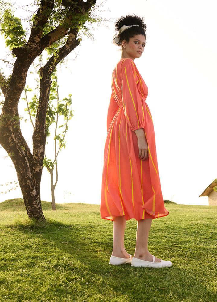 A Model Wearing Multicolor Linen Cotton Orange & Yellow Stripescosmo, curated by Only Ethikal