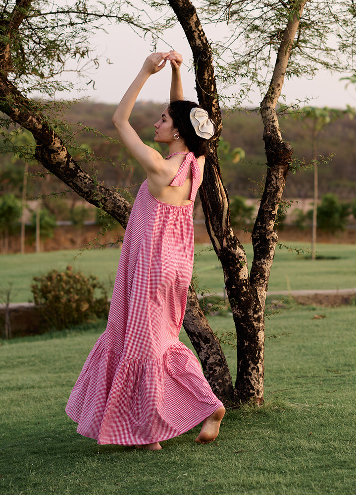 A Model Wearing Multicolor 100% Cotton Red Mini Madras Checksbirds Of Paradise, curated by Only Ethikal