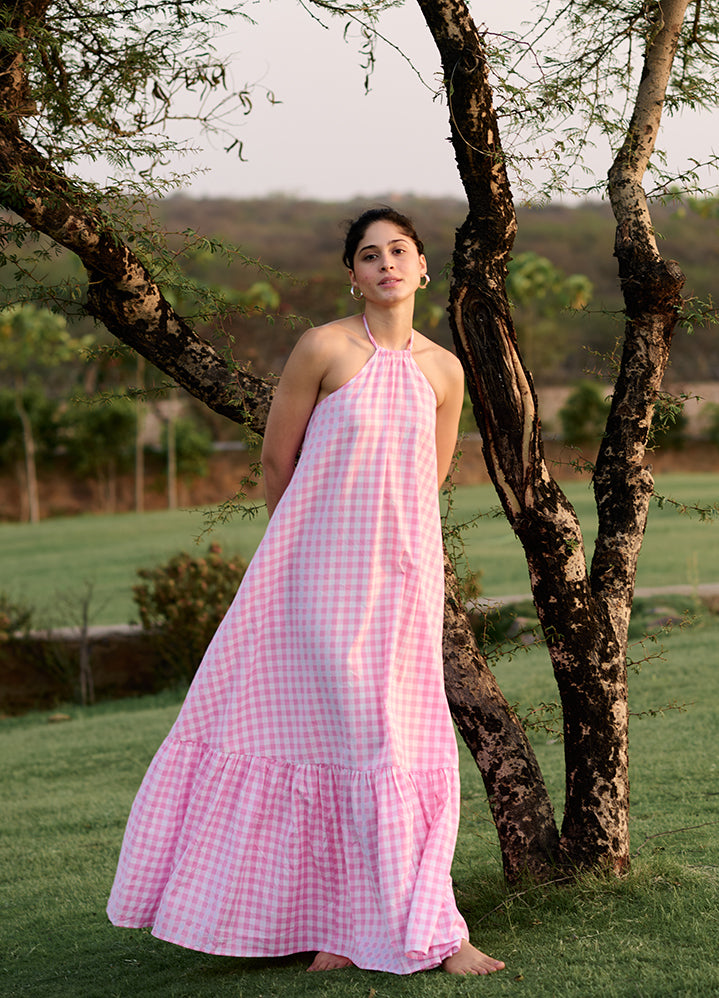 A Model Wearing Multicolor 100% Cotton Pink Madras Checkbirds Of Paradise, curated by Only Ethikal