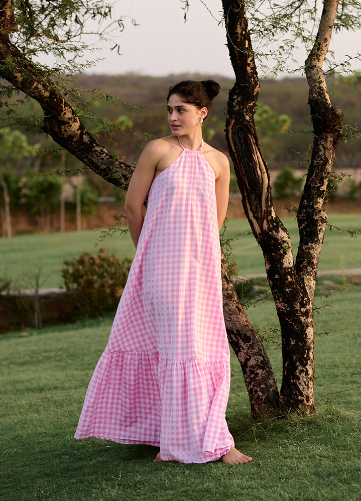 A Model Wearing Multicolor 100% Cotton Pink Madras Checkbirds Of Paradise, curated by Only Ethikal