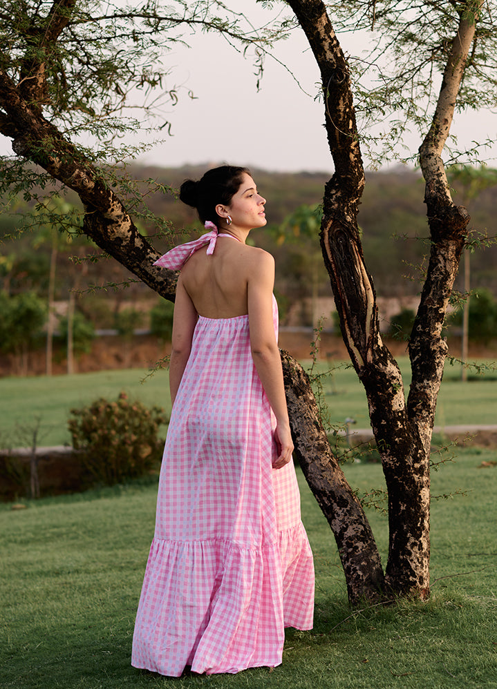 A Model Wearing Multicolor 100% Cotton Pink Madras Checkbirds Of Paradise, curated by Only Ethikal