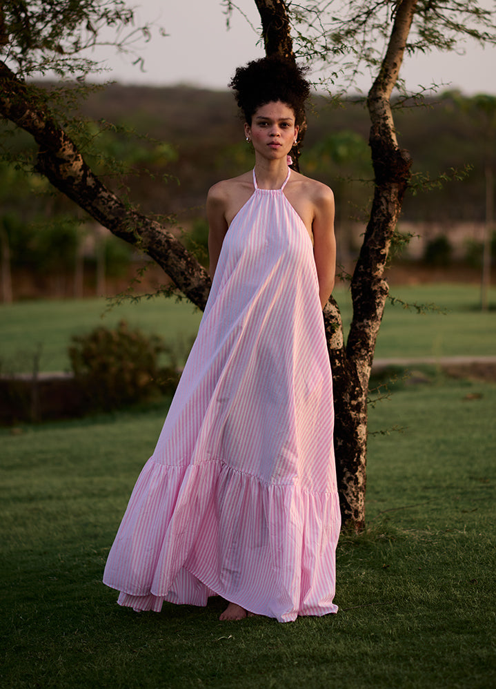 A Model Wearing Multicolor 100% Cotton Pink Madras Stripesbirds Of Paradise, curated by Only Ethikal