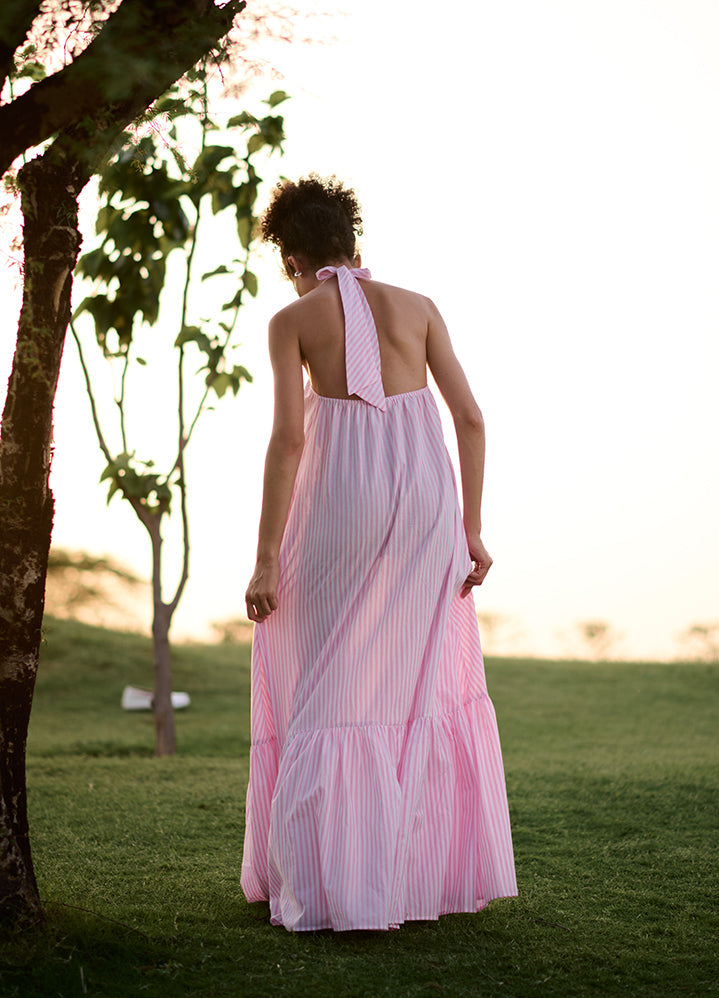 A Model Wearing Multicolor 100% Cotton Pink Madras Stripesbirds Of Paradise, curated by Only Ethikal