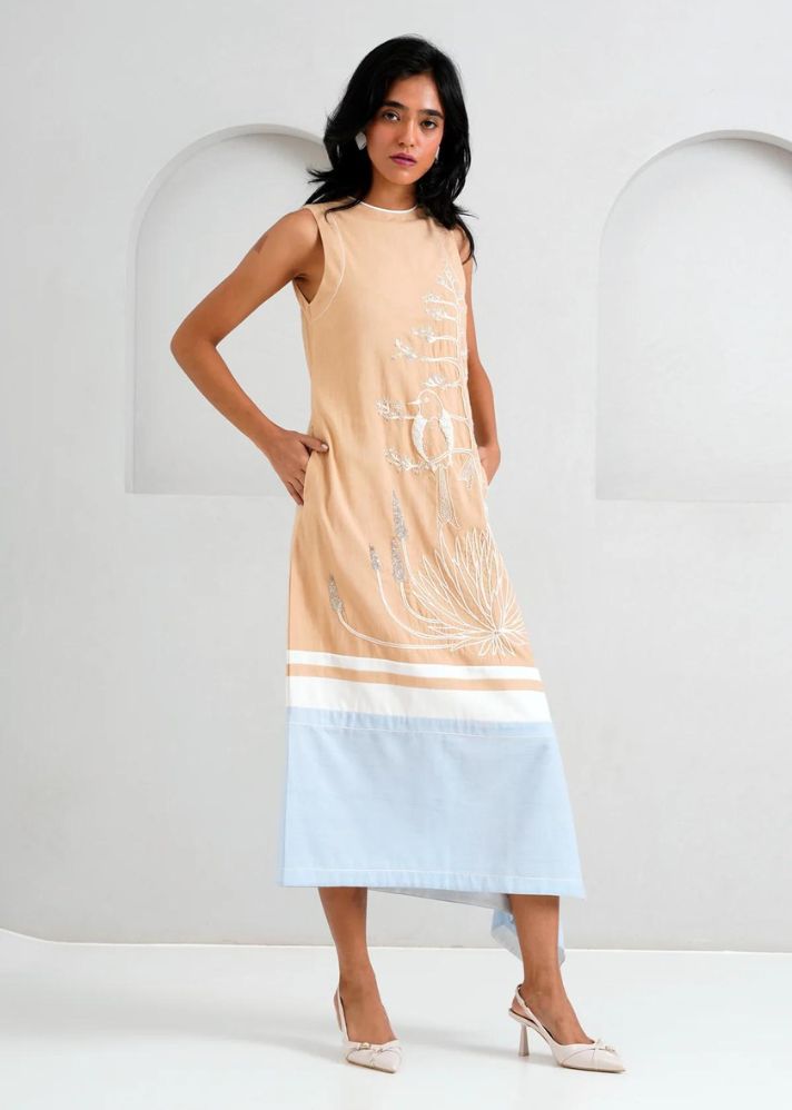 A Model Wearing Multicolor Handloom Cotton Chase Dress, curated by Only Ethikal