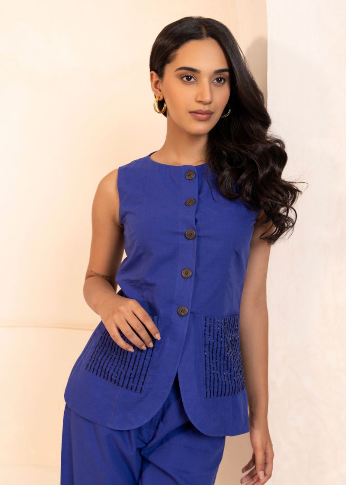 A Model Wearing Blue Handwoven Cotton Indigo Co-Ord Set Blue, curated by Only Ethikal