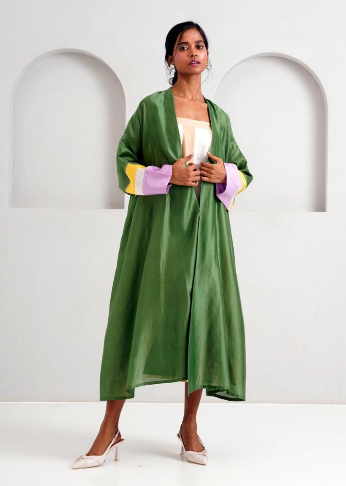 A Model Wearing Green Handloom Chanderi Silk Dallas Jacket, curated by Only Ethikal