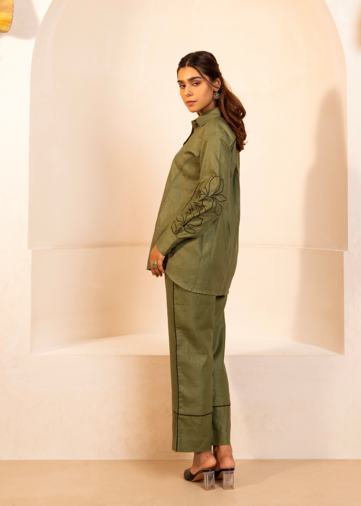 A Model Wearing Green Hemp Turkish Co-Ord Set Green, curated by Only Ethikal