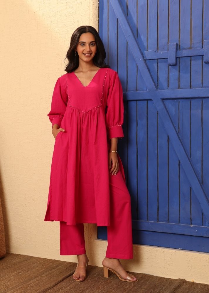 A Model Wearing Pink Organic Cotton Wildrose Kurta Pink, curated by Only Ethikal