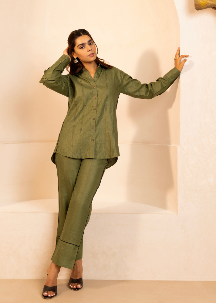 A Model Wearing Green Hemp Turkish Co-Ord Set Green, curated by Only Ethikal