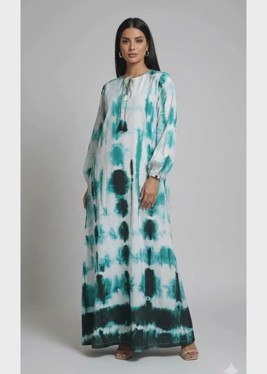 Emerald Tide Shibori Kaftan Dress