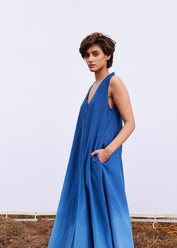 A Model Wearing Blue Cotton Khadi Marine Jumpsuit, curated by Only Ethikal