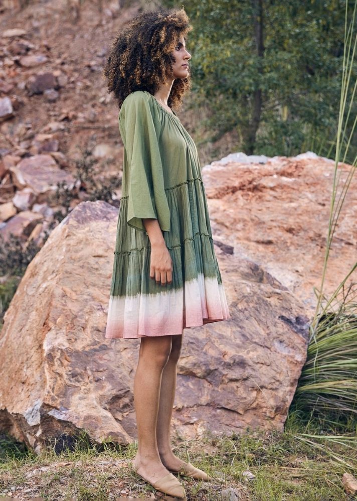 A Model Wearing Green Pure Cotton Afar Times Dress, curated by Only Ethikal