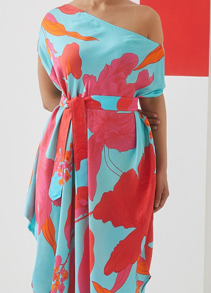 A Model Wearing  Digital Print Multicolor Bemberg Blue Rose Draped Dress, curated by Only Ethikal