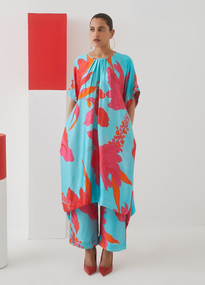A Model Wearing  Digital Print Multicolor Bemberg Blue Rose Kimono Kurta+ Trousers, curated by Only Ethikal