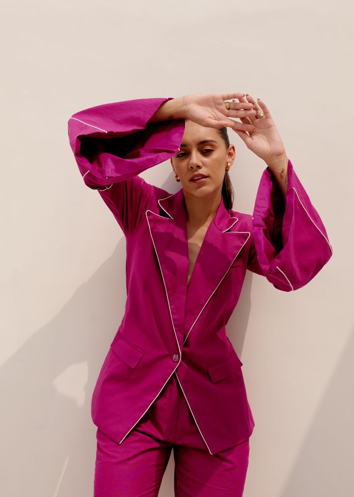 A Model Wearing Pink Hemp Magenta Carnival Blazer, curated by Only Ethikal