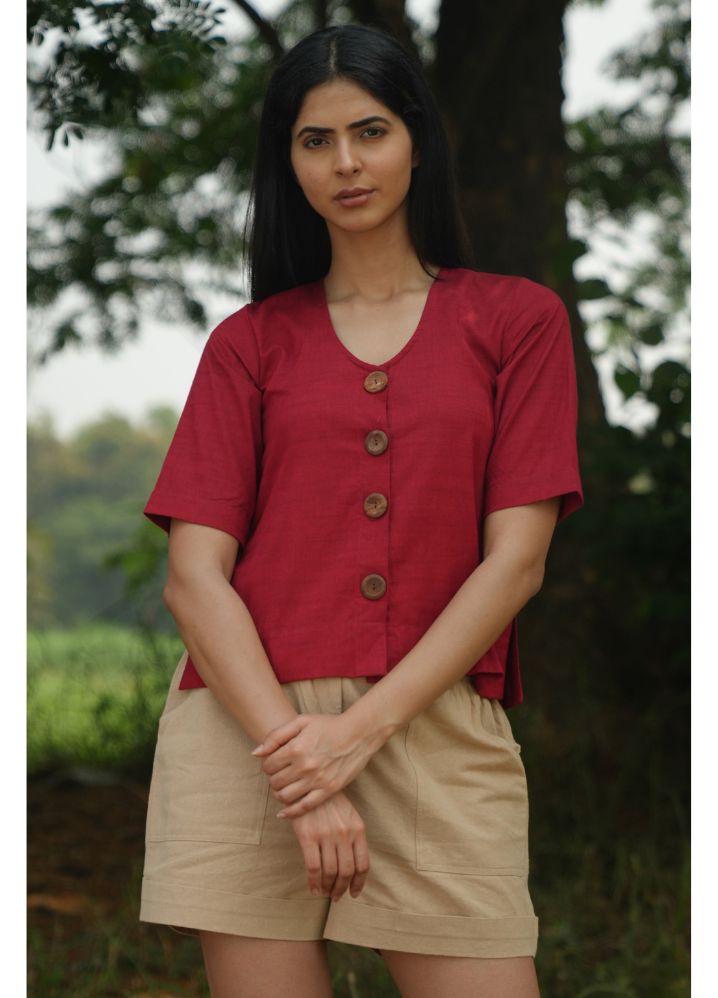 A Model Wearing  Red Pure Cotton Sapphire Rayon Red Top, curated by Only Ethikal