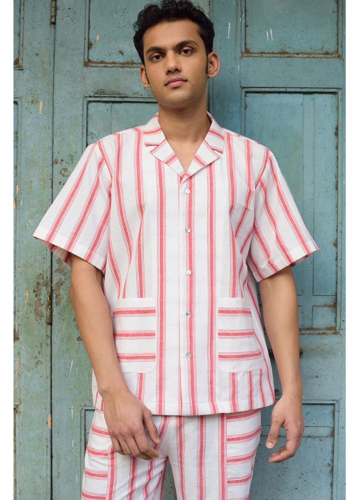 A model wearing Striped Multicolor Handwoven Cotton Camp Collar Shirt, curated by Only Ethikal