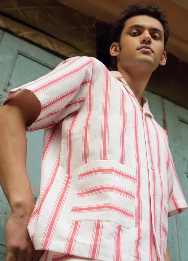 A model wearing Striped Multicolor Handwoven Cotton Camp Collar Shirt, curated by Only Ethikal