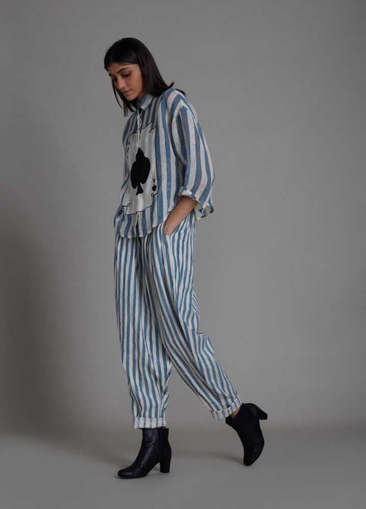 A Model Wearing Stripped Multicolor Linen Ikka Linen Shirt- Blue Stripe, curated by Only Ethikal